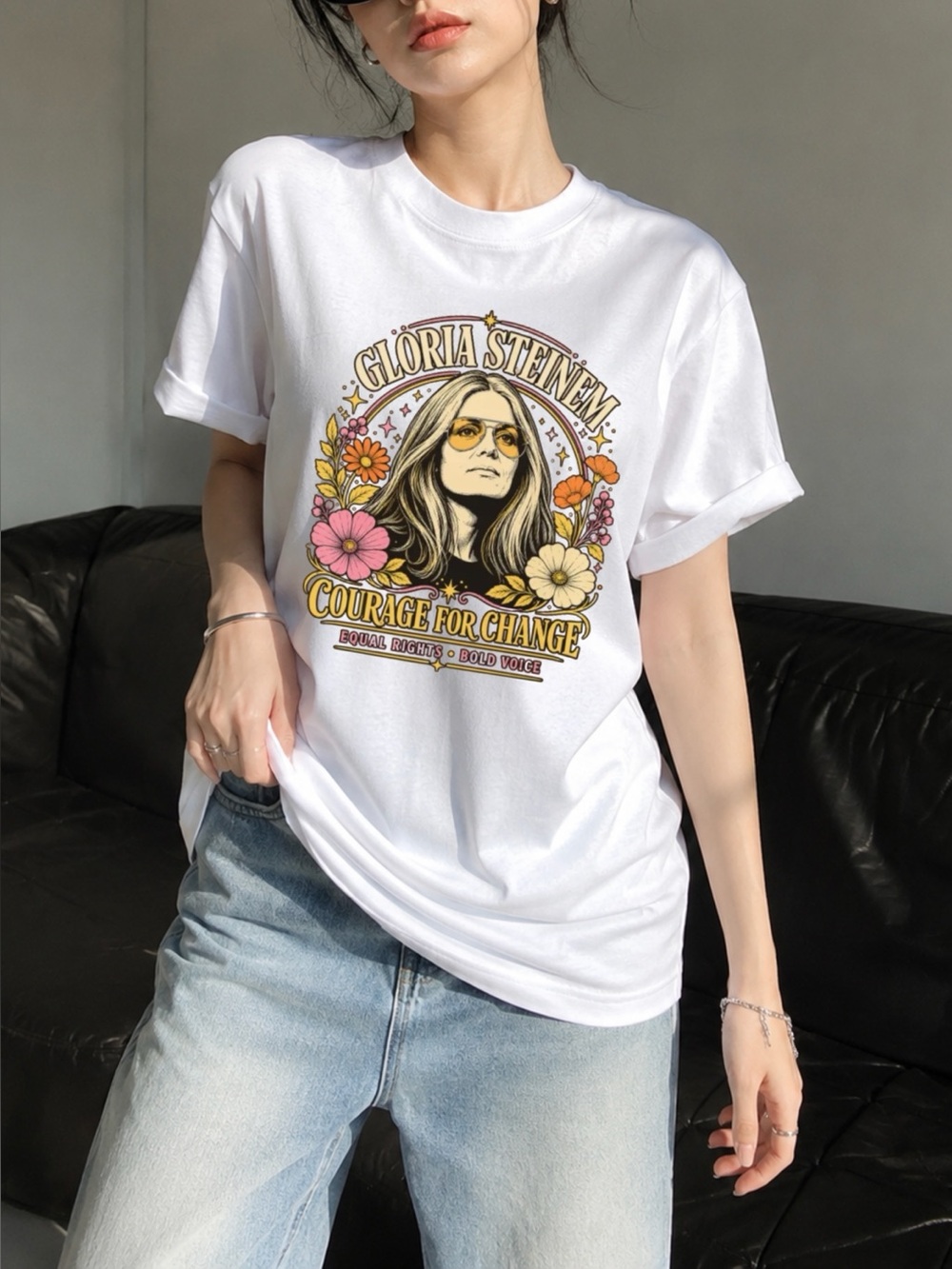 Gloria Steinem Courage For Change Feminist Icon Floral Art Graphic Tee Shirt